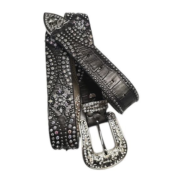 Western Rhinestone Belt Dark Brown Croc Leather Silver Floral Buckle Bling 38\